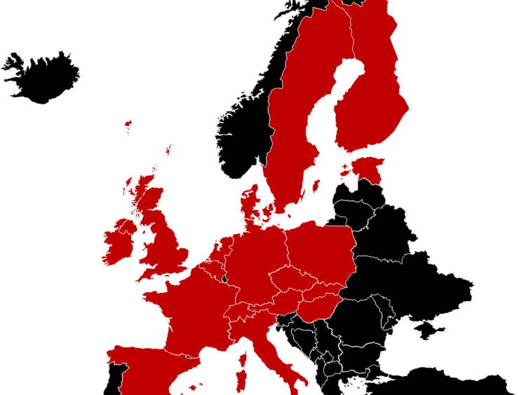 Európa térképe piros és fekete területekkel
